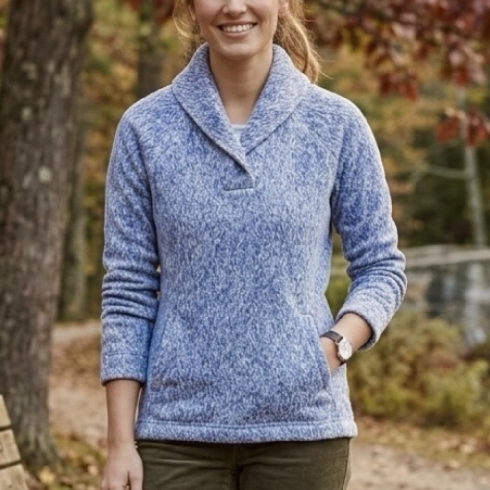 LL Bean Blue Marled Shawl Collar Fleece Pullover Sweatshirt Pockets LARGE